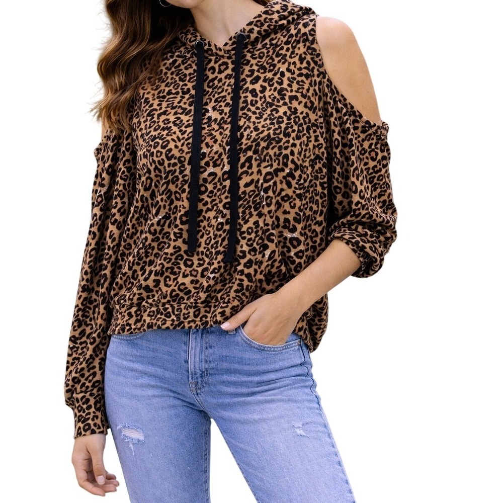 Girl Soul Hoodie Womens 0X Brown Leopard Cold Shoulder Cropped Cotton Sweatshirt